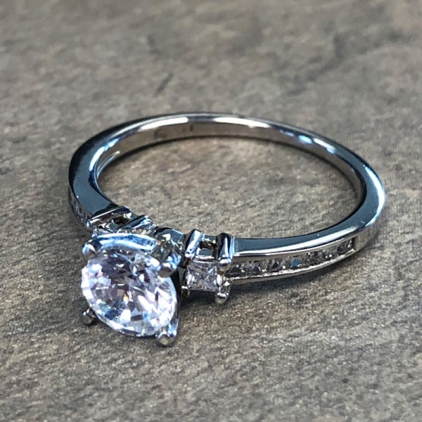 14K White Gold 3 Stone Diamond Accent Engagement Ring